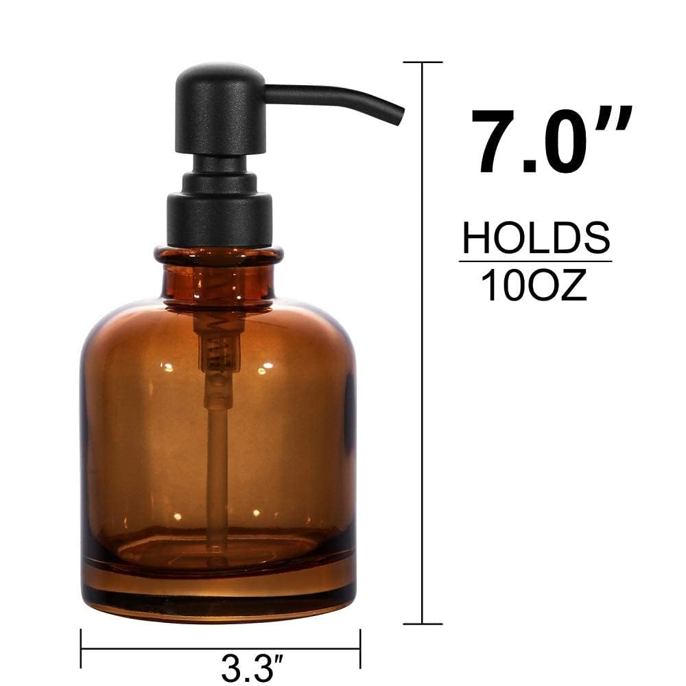 2-Pack Amber Glass Soap Dispensers With Matte Black Stainless Steel Pumps, 12 Oz Refillable Bottles For Kitchen & Bathroom (12Oz